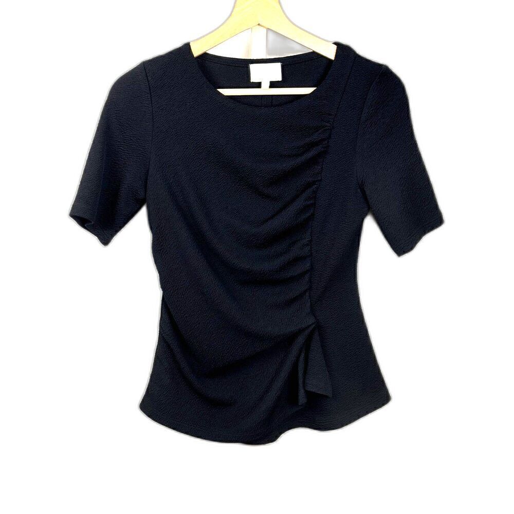 Anthropologie Deletta Black Gathered Short Sleeve Blouse Sz XS EUC